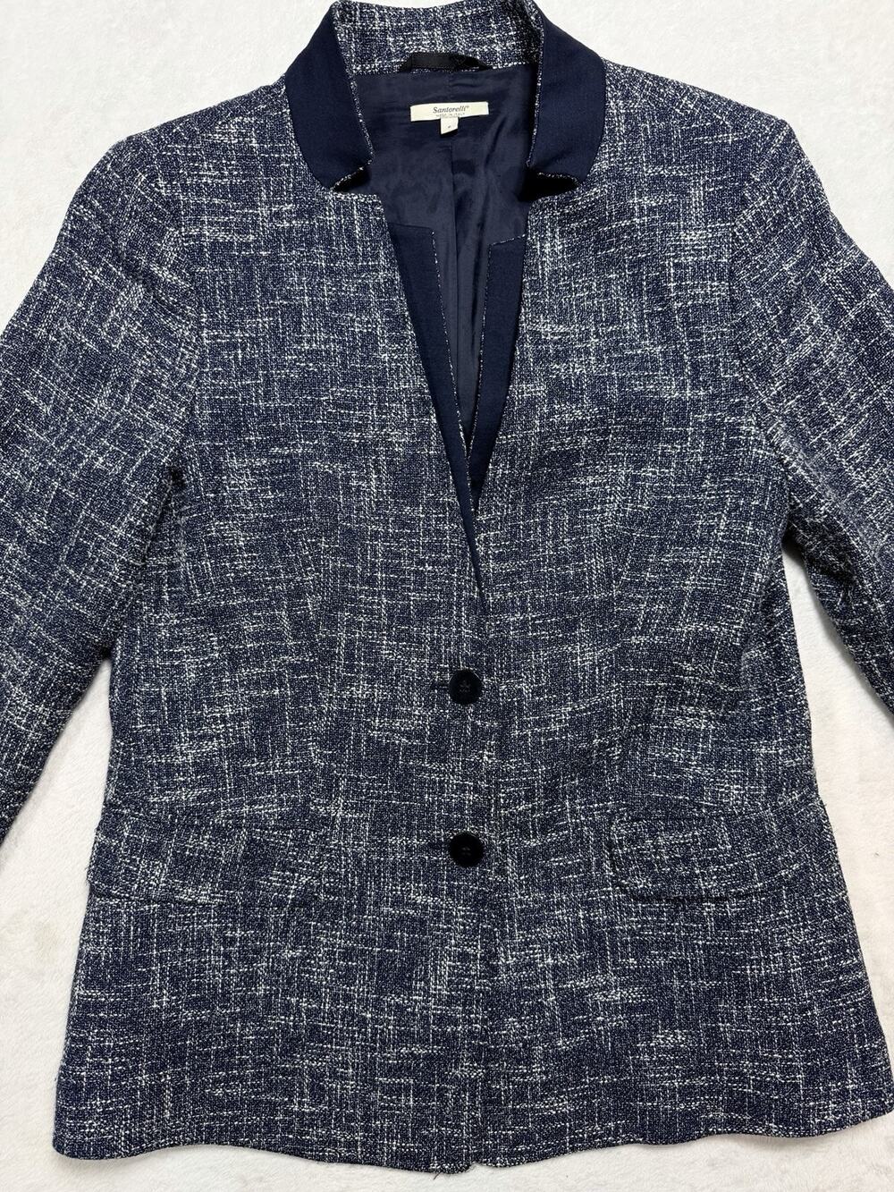 Santorelli Tish Tweed Blazer Jacket Navy Blue Contrast Collar Made in Italy 8